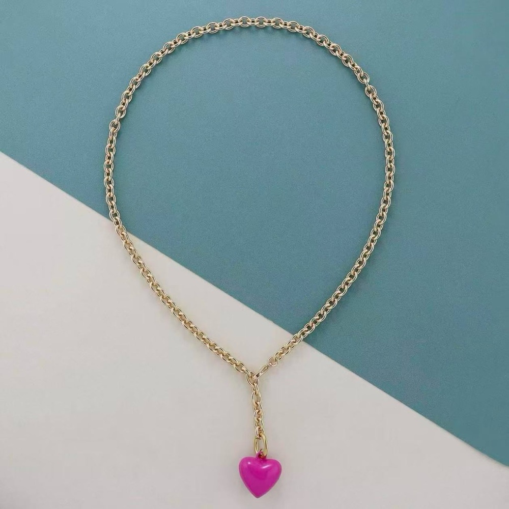 Roxanne Assoulin The Mini Puffy Heart Necklace Gold chain    dark pink pendant